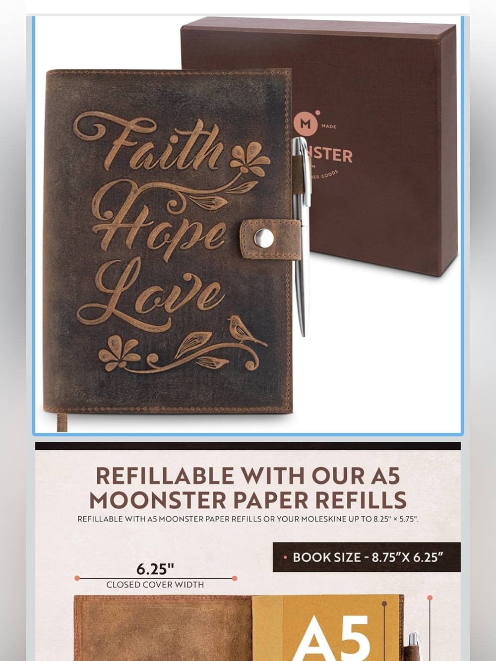 Brown 'Faith Hope Love' Refillable A5 Journal with Pen Loop
